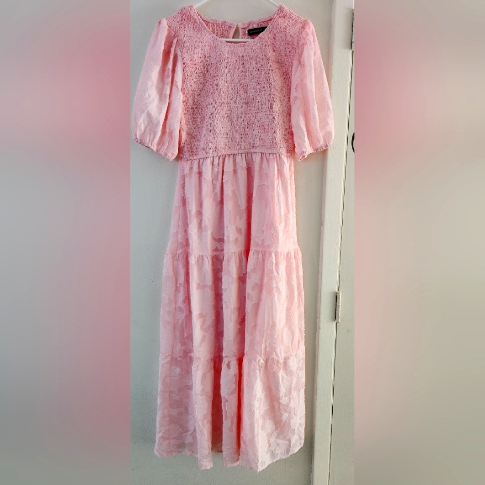 Merokeety Womens Puffy Short Sleeves Smocked A Line Dress Pink Size Medium